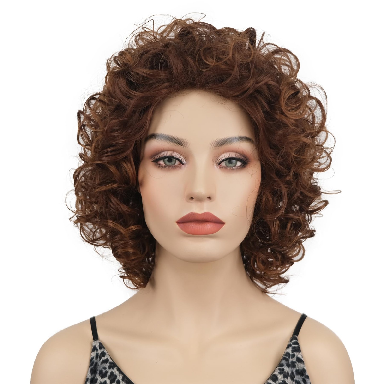 Curly Wigs Natural Synthetic Dark Auburn with Highlight Medium Auburn Hair (3…