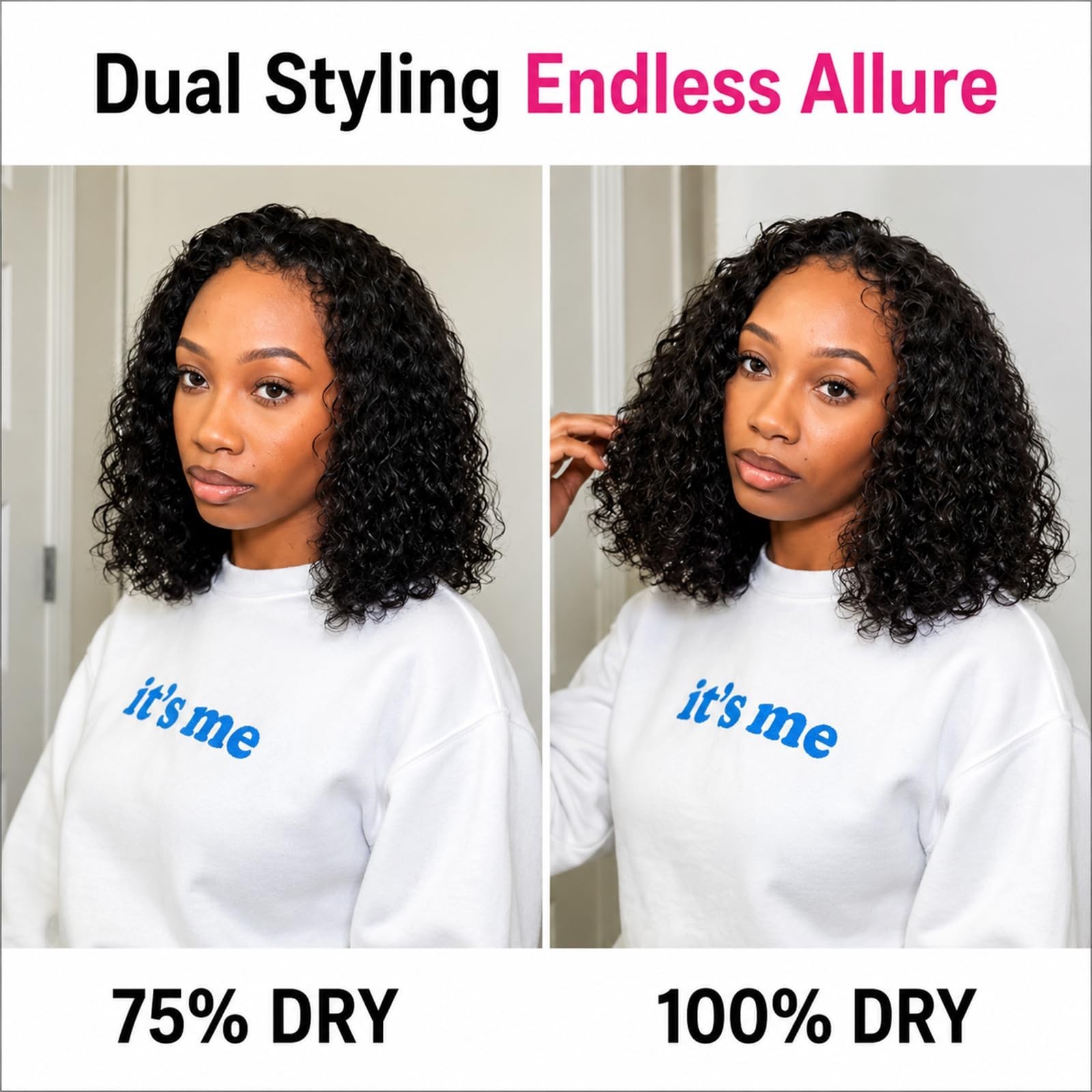 180 Density 16 Inch Half Wig Human Hair, Glueless Drawstring Clip-In, Water Wave