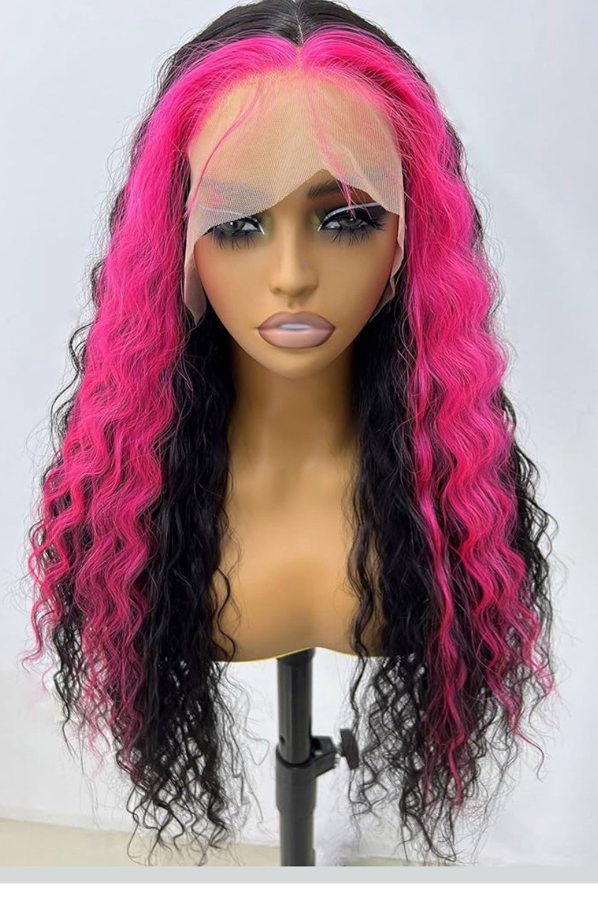 GIANNAY Hot Pink Streak Wigs Pink and Black Lace Front Wigs Curly Synthetic Wig.