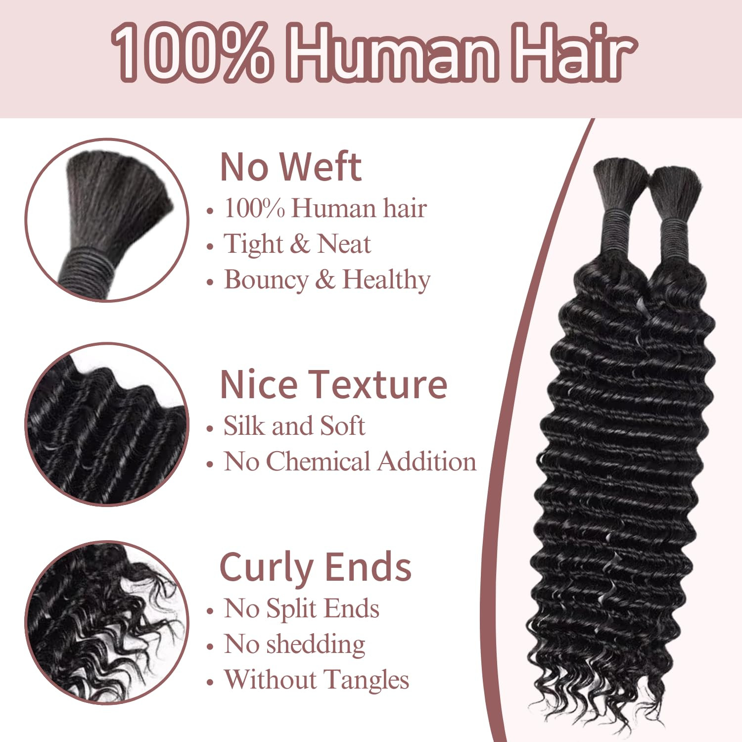 Human Braiding Hair for Boho Braids, 100G 18 Inch Deep Wave Raw Human Hair, Soft
