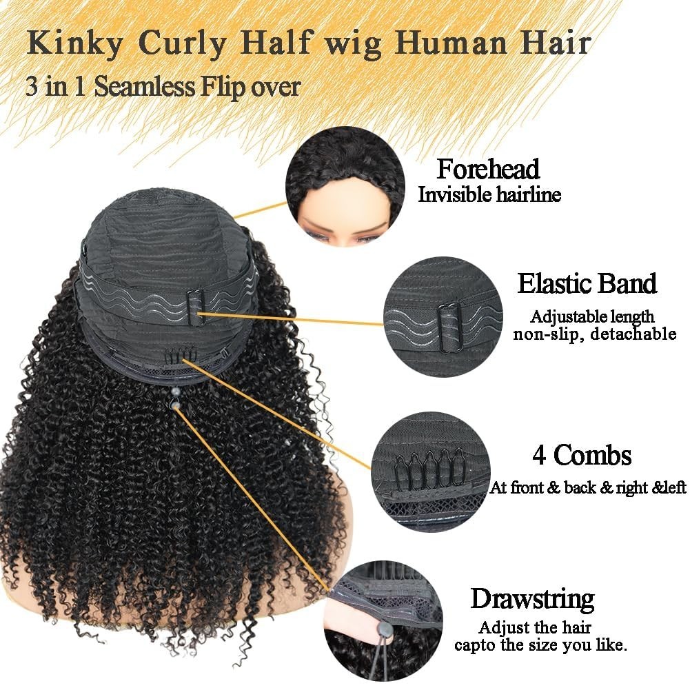 20″ Kinky Curly Half Wig – 200% Density, Glueless, Drawstring, Seamless Headband