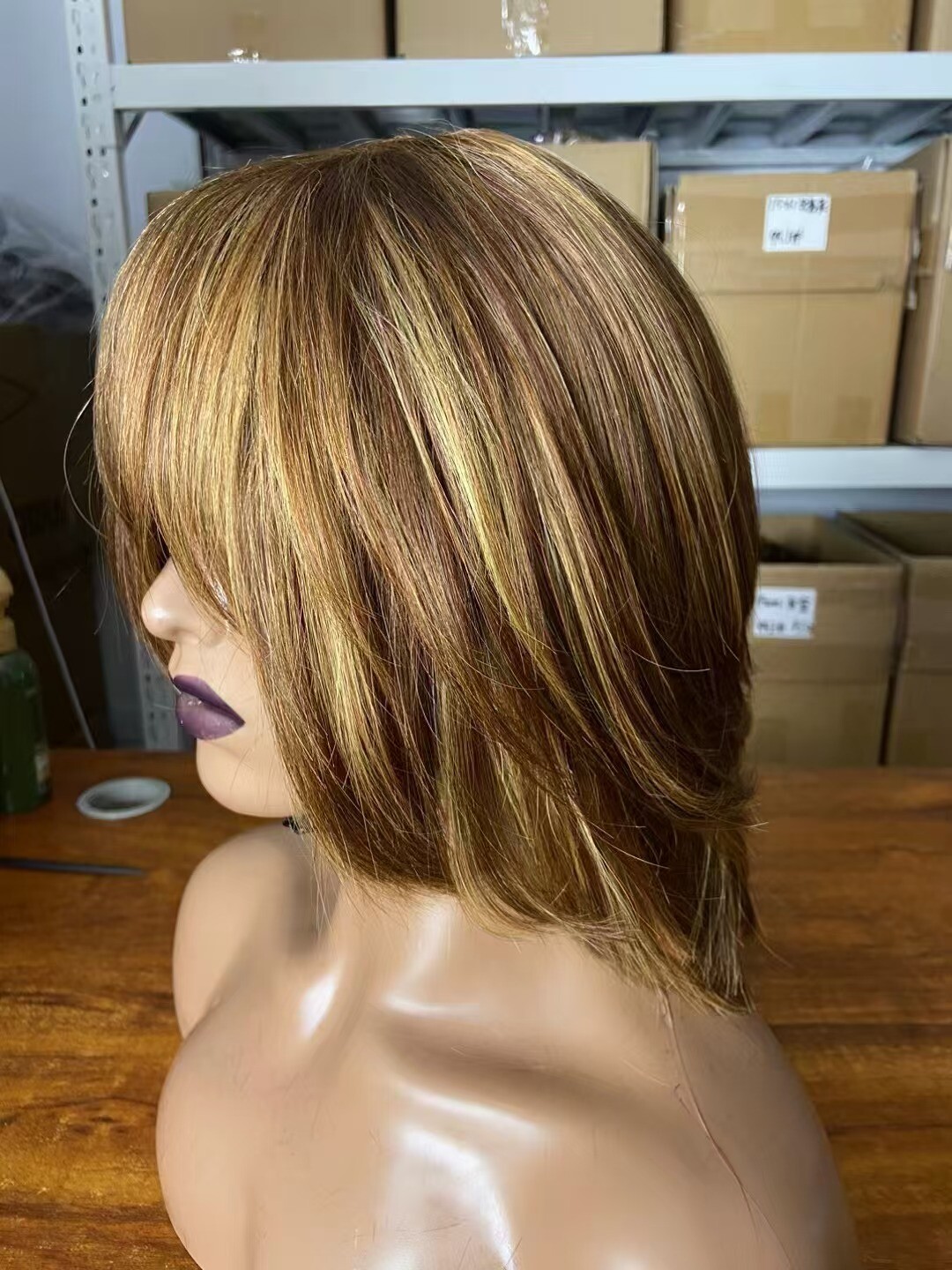 Ombre Honey Blond Highlight Short Bob Human Hair Wigs With Bangs None Lace