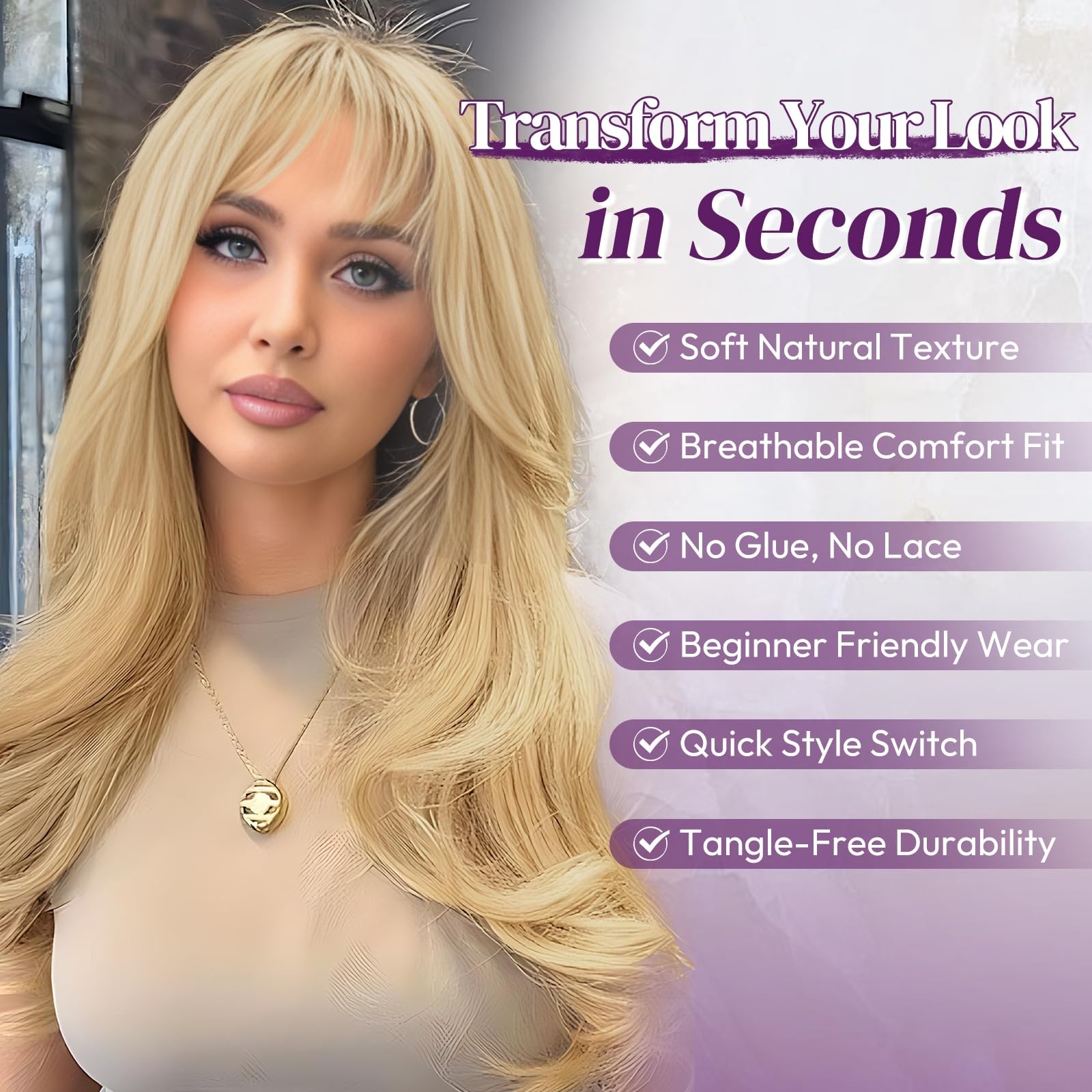 Beige Blonde Layered Wig with Bangs – 20 Inch Blonde Layered Wig with Bangs f…