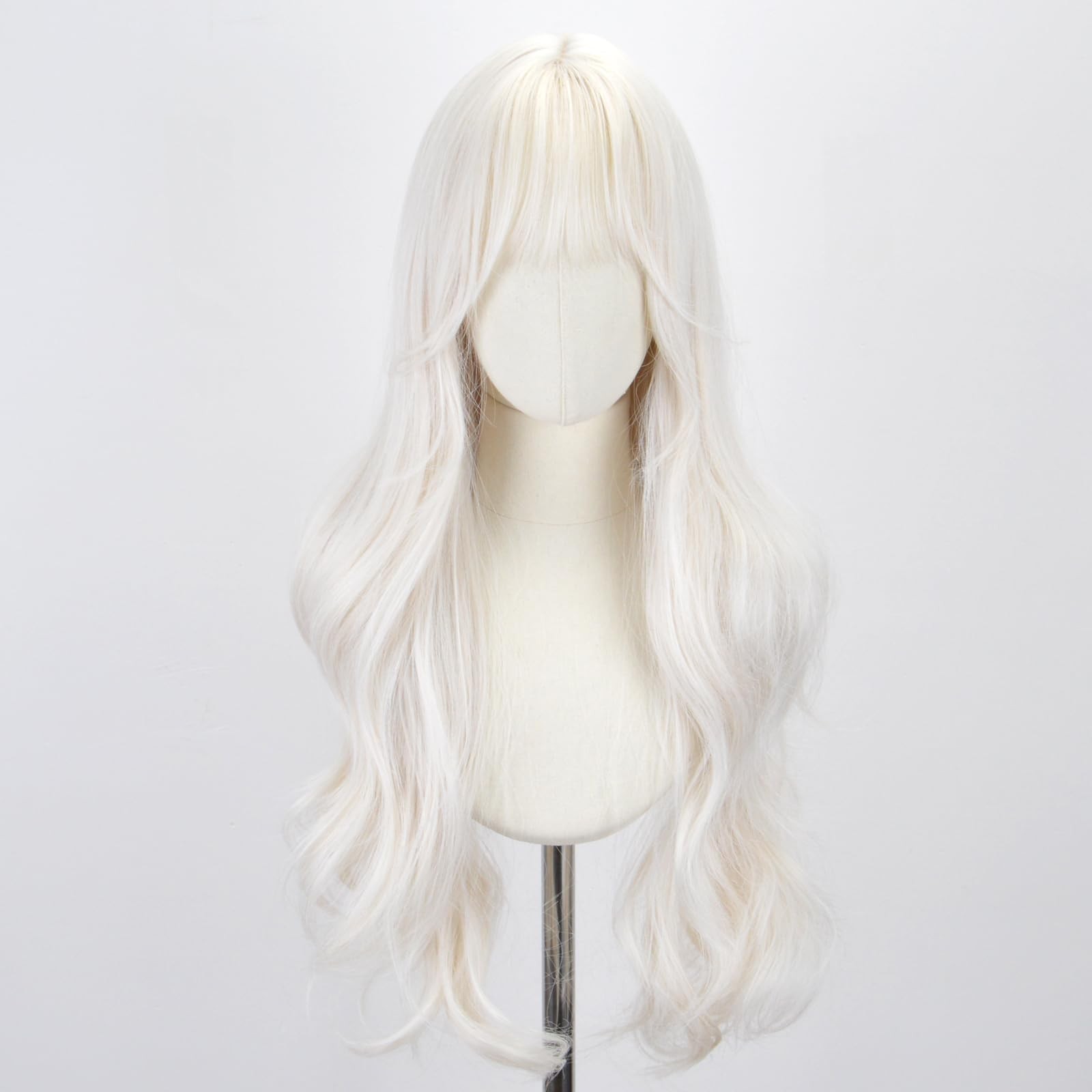 White Wig with Bangs for Women -26 Inch Long Wavy White Wigs Synthetic Heat R…