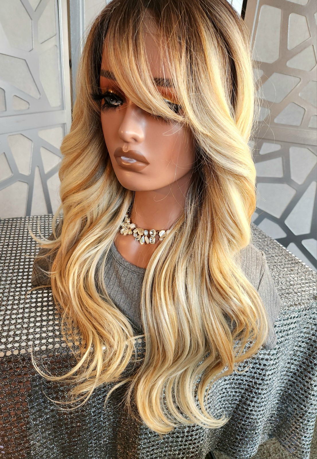 Wig with Bangs Ombre Blonde Wig 13×4 Lace Front Loose Wave Human Blend Glueless