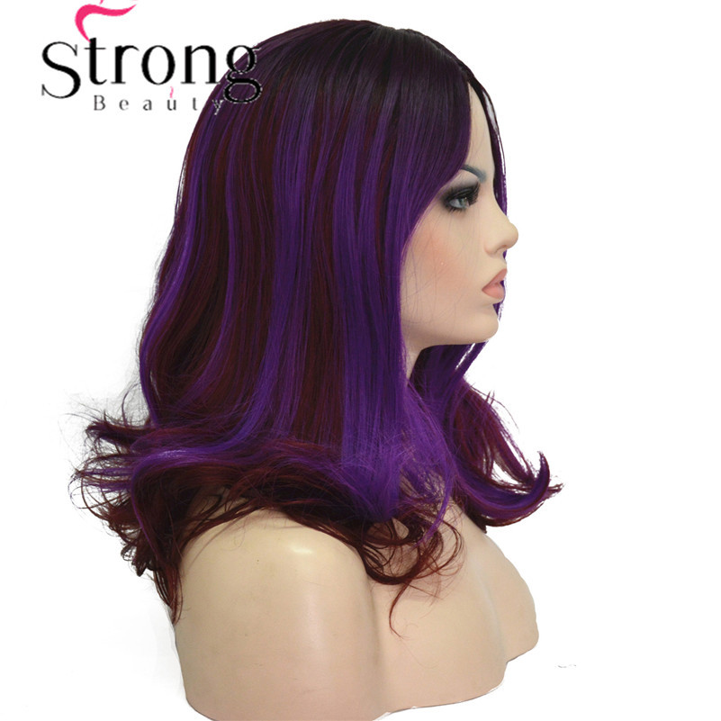 Medium Wavy Dark Purple Highlights Center Part No Bangs Synthetic Party Wig