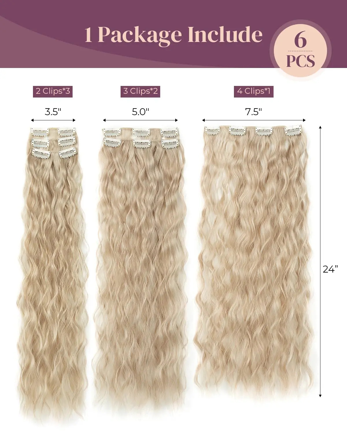16 Clip In Hair Extensions 22 Inch Water Wave Synthetic Hair For Women