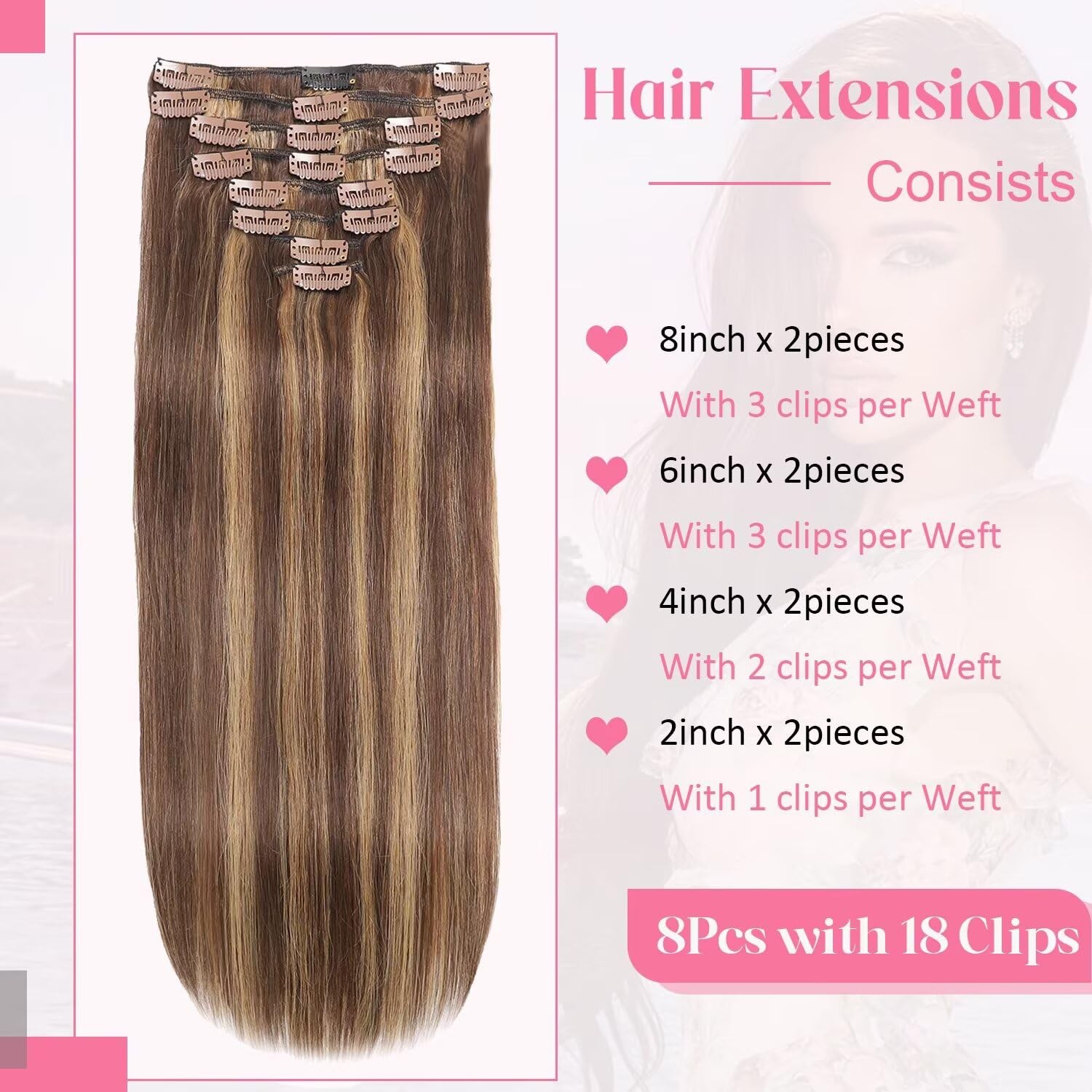 Tebelove Clip In Hair Extensions Real Human Hair 3.6Oz/100G Clip Ins 100 Human