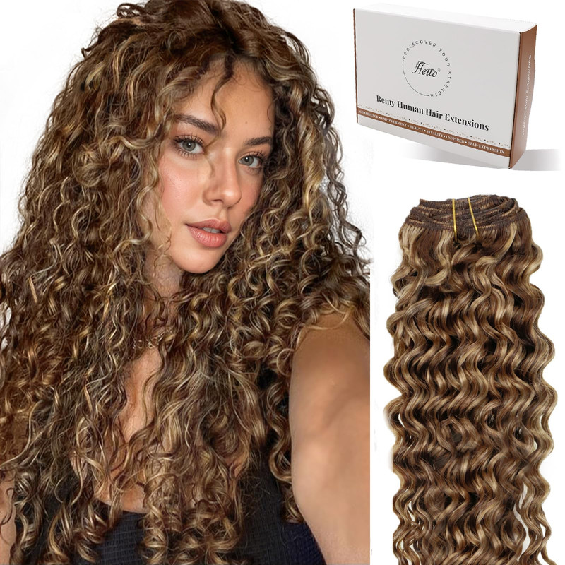 Hetto Curly Clip In Hair Extensions – Medium Brown Honey Blonde Highlights 120G