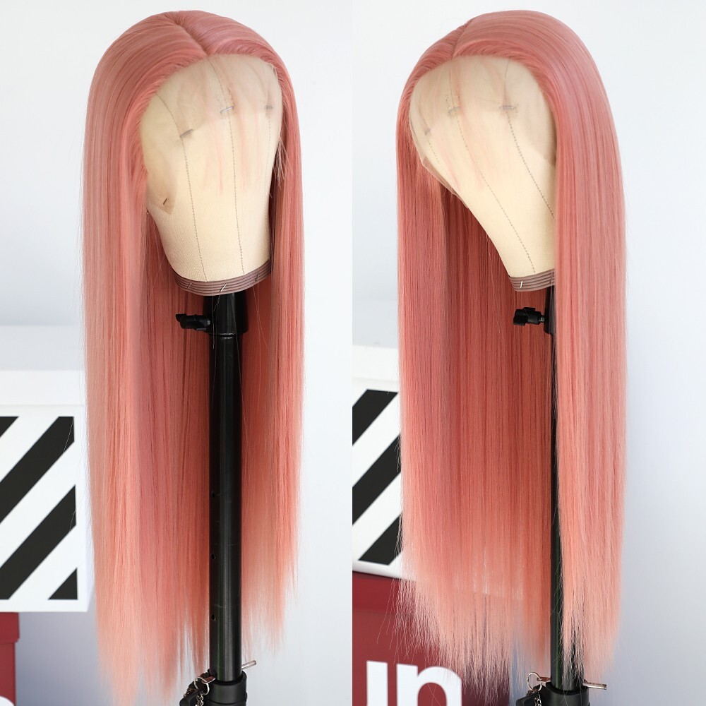 Pink Lace Front Wigs Long Straight Hair Heat Resistant Glueless Pre Plucked Soft