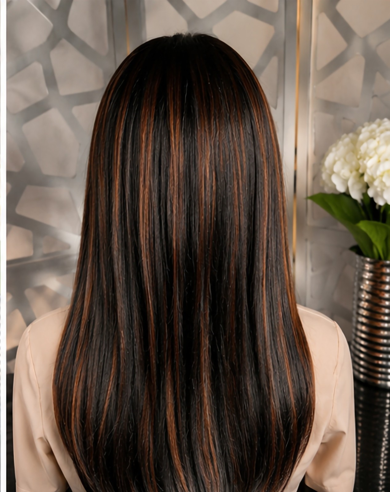 Black Straight Wig Auburn Highlights Human Blend 13×4 Lace Front Wig Glueless