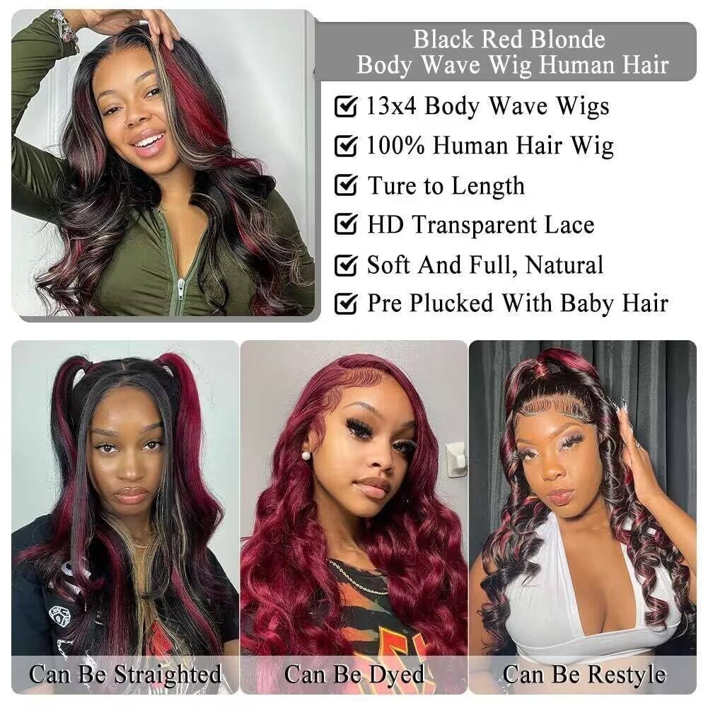 32″ Ombre Body Wave Lace Front Wig – 180 Density Human Hair, Black Red Blonde Hi