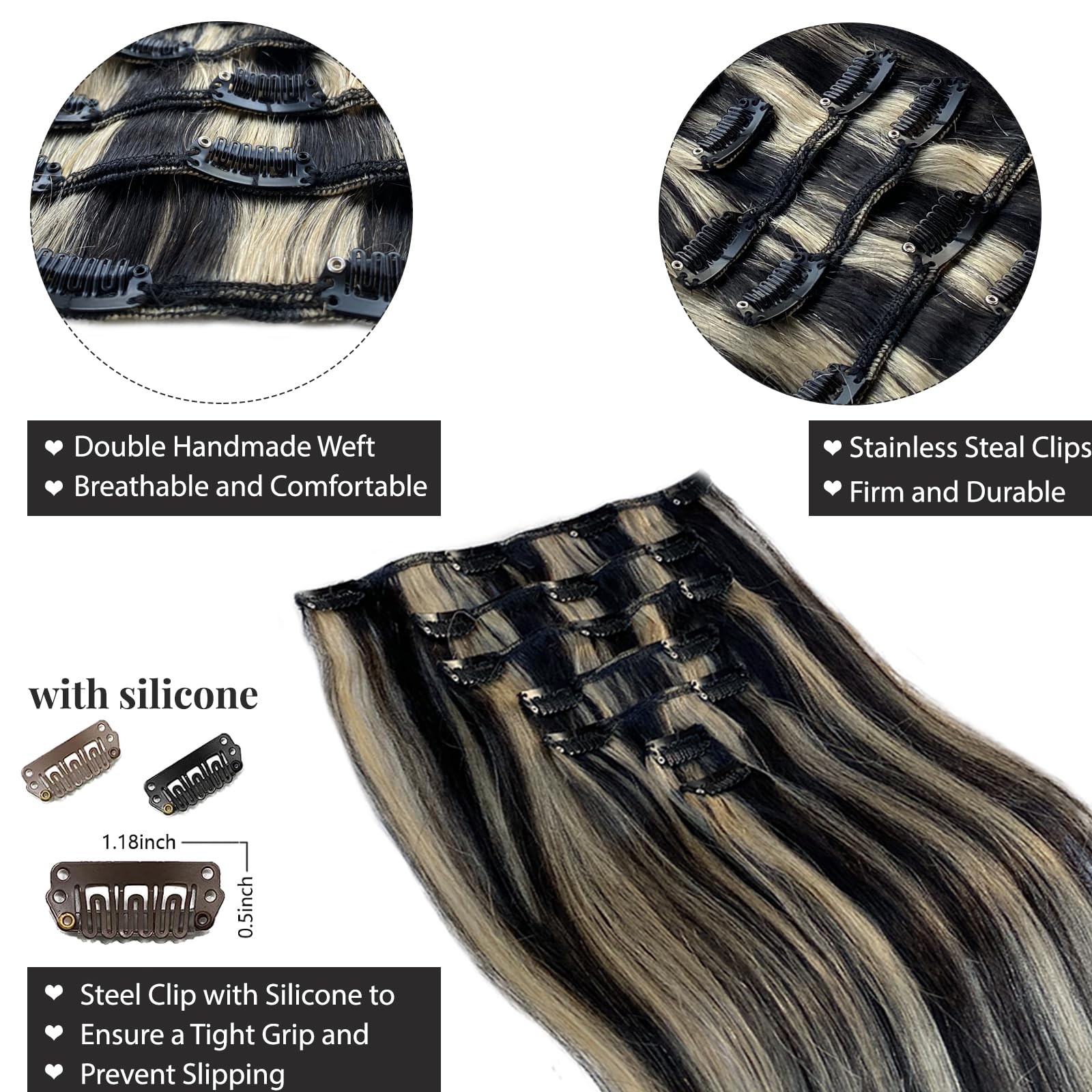Belaved Hair Extensions Clip In Human Hair Black Mix Blonde 18 Inch 70G 7Pcs