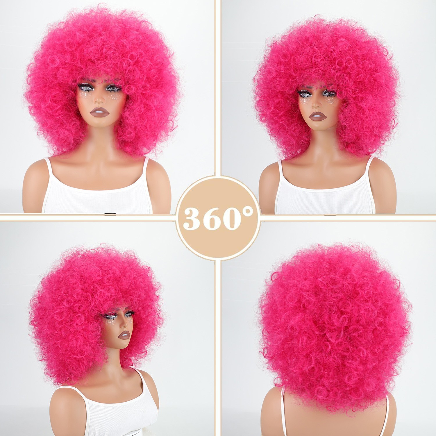Pink Wig 70s Disco Short Afro Curly WigWig with Bangs Party Christmas Cosplay Wi