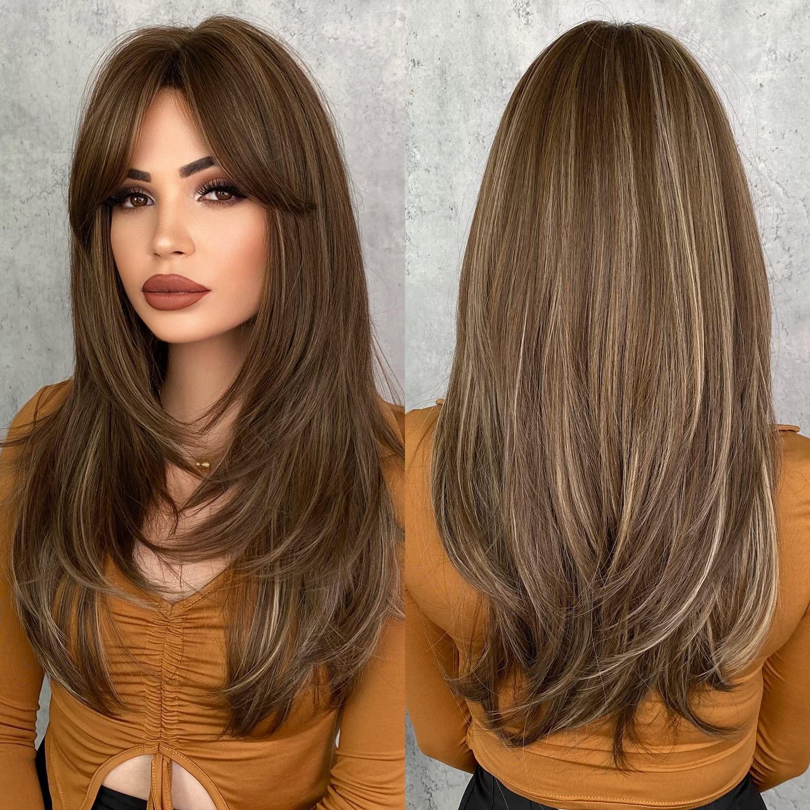7JHH WIGS Honey Blonde Wig with Bangs Long Brown Wigs for Women,Layered Heat …