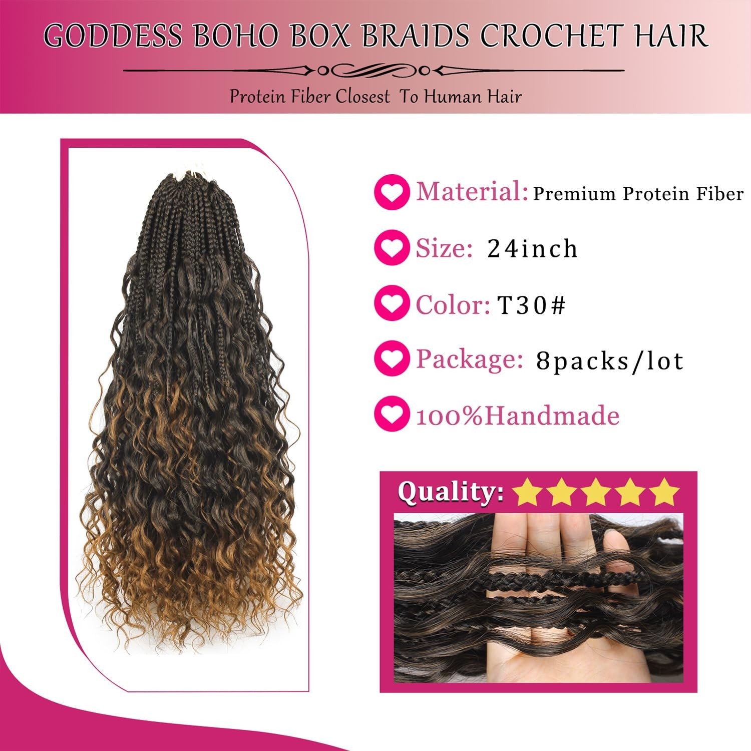 Goddess Box Braids Pure Protein Fiber Close to Human Hair 24 Inch 8 Packs #T30