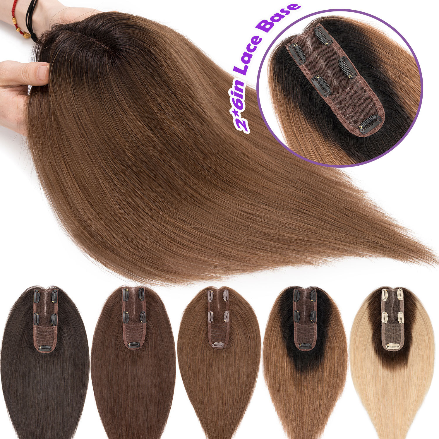 Free Part Top Lace Base Clip in REAL Human Hair Topper Toupee Women Hairpiece US