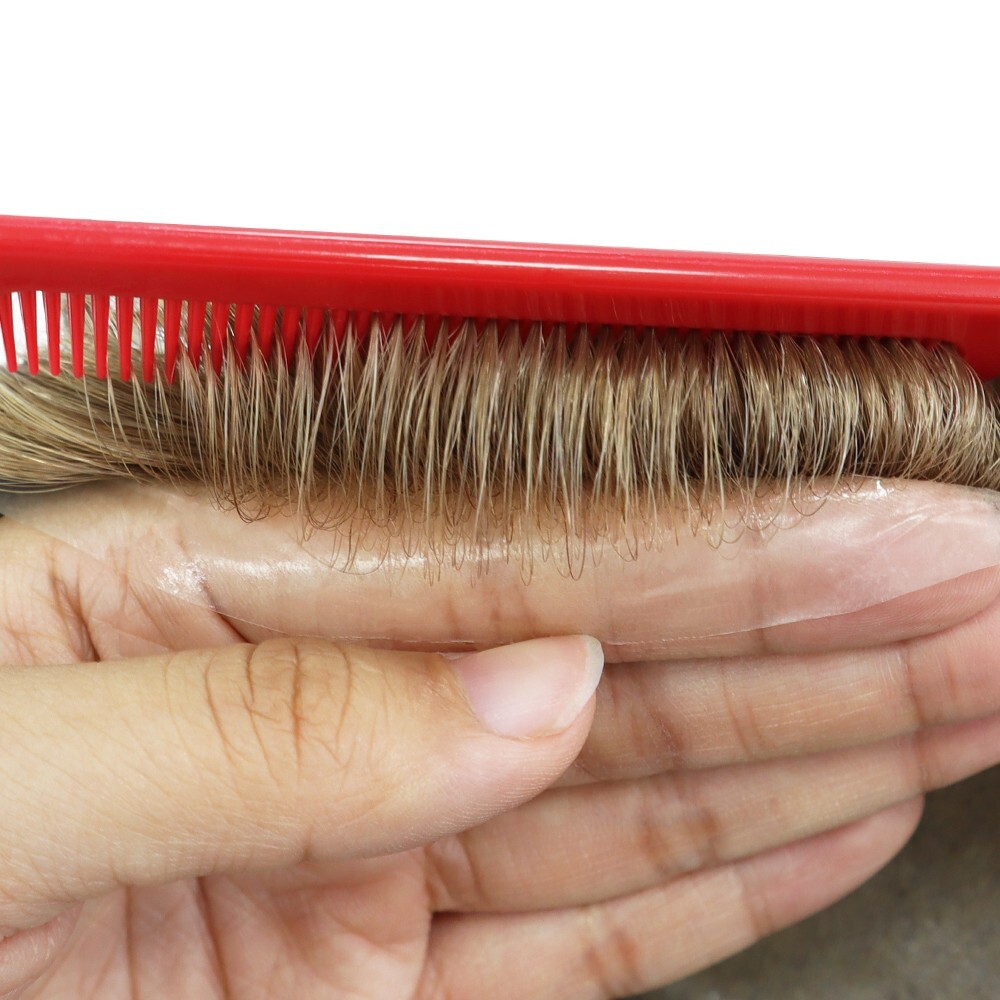 Mens Toupee Human Hair Replacement System Thin Skin Dark Blonde Red Hair #20R