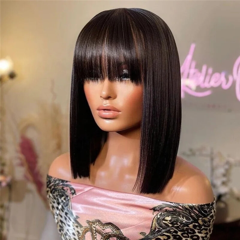 Bone Straight Full Machine Made Bob Wigs with Bangs Brazilian Hair Bob Wigs