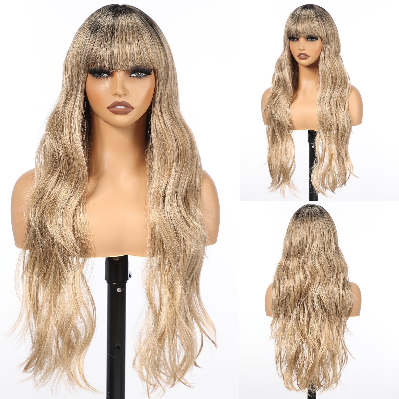 Long Ombre Blonde Wig with Bangs for Women, 26 Inch Long Curly Lace Wig Natur…