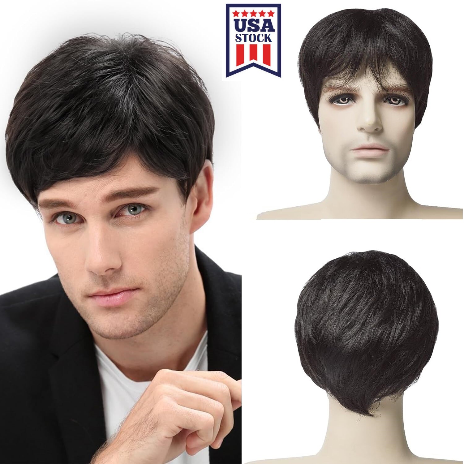 Men’s Black Men Wig Short Full Wigs Straight Little Wavy Synthetic Layer Hair US