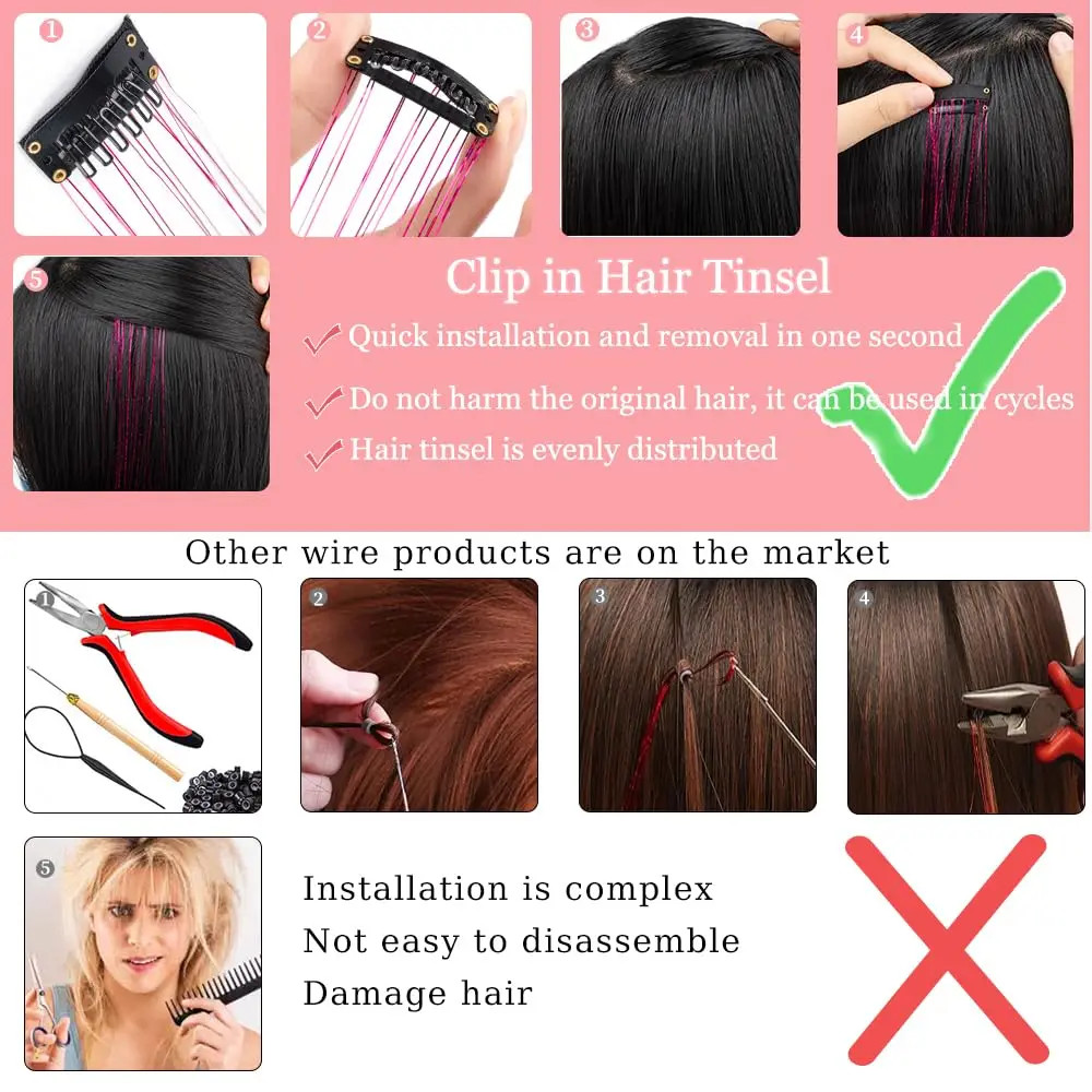 50cm Sparking Shiny Hair Tinsel Extensions Synthetic Clip In Hair Extensions