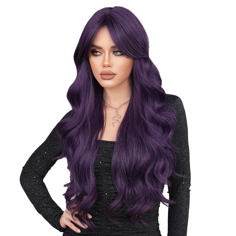 Dark Purple Long Curly Wavy Wig with Curtain Bangs for Women Cosplay Party 30 in