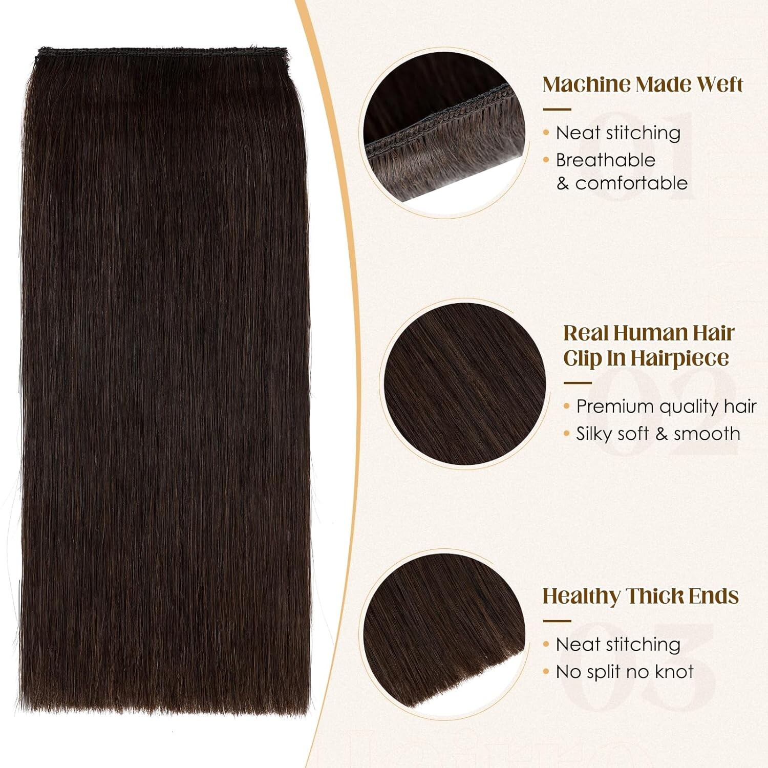 4PCS Invisible Clip In Short Hair Extensions Remy Human Hair #02 Dark Brown