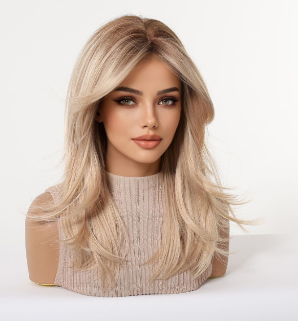 Rooted Blonde Champagne Mix Synthetic Hair Heat Ok Wigs Women Soft Natural
