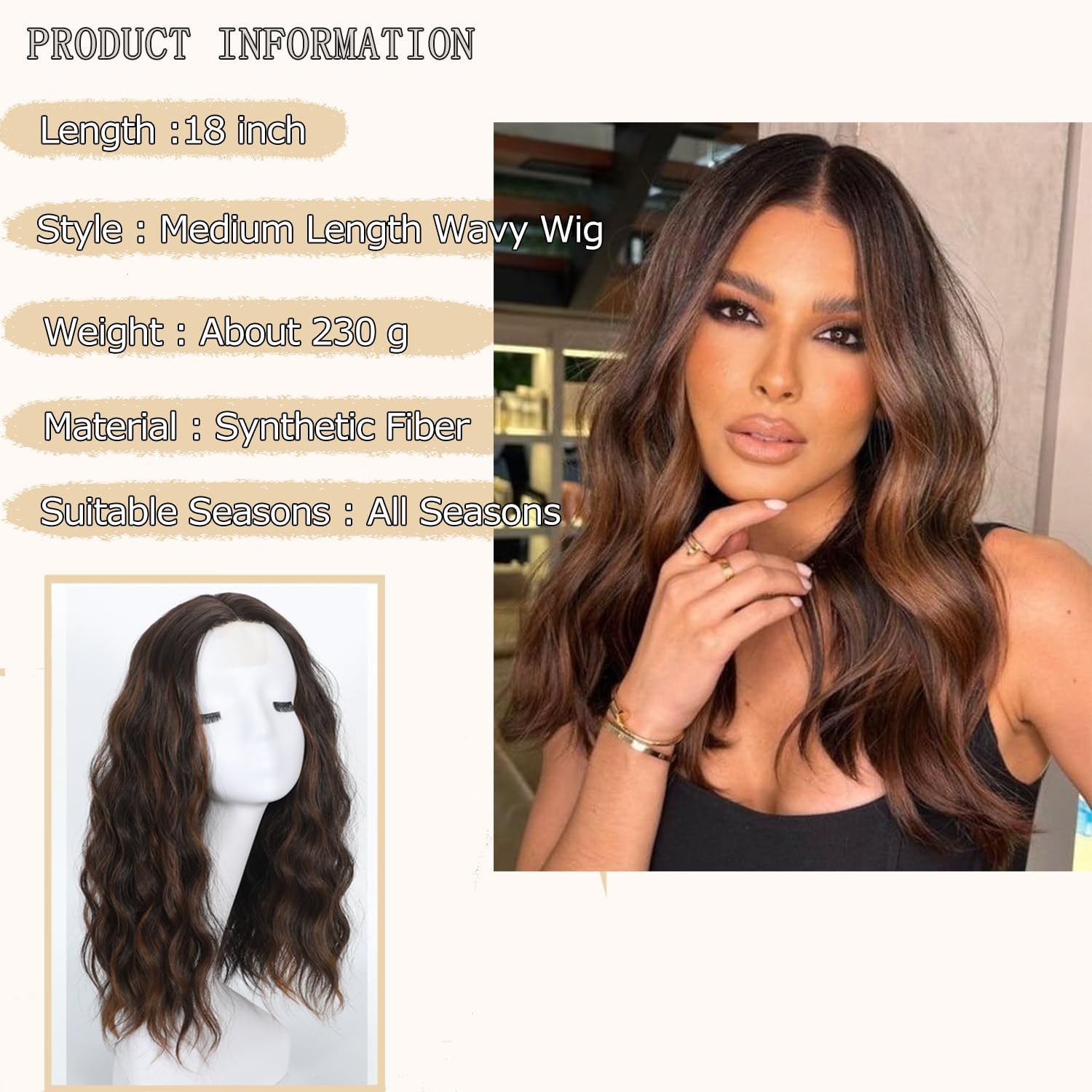 Dark Brown Wig with Highlight Wigs for Women 18 Inch Medium Length Short Wavy…