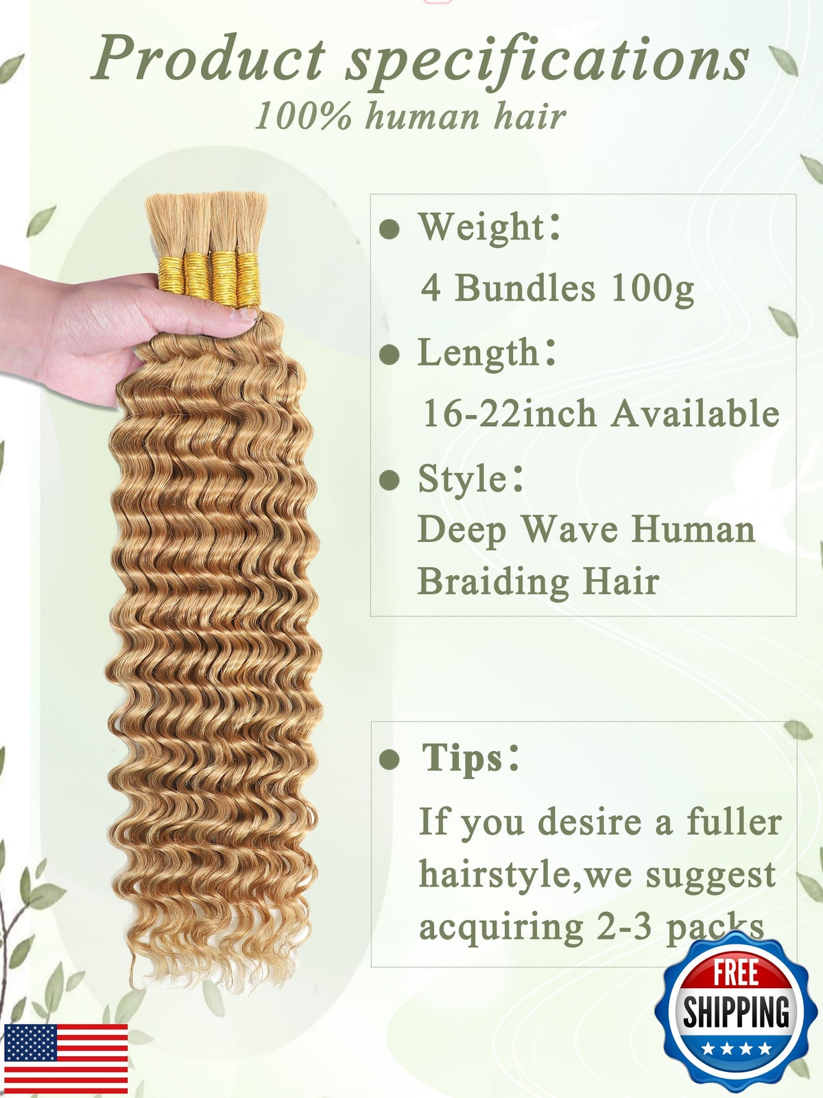 KULYMUWIG Blonde Human Braiding Hair for Boho Braids 18 Inch 100 g 4 Bundles