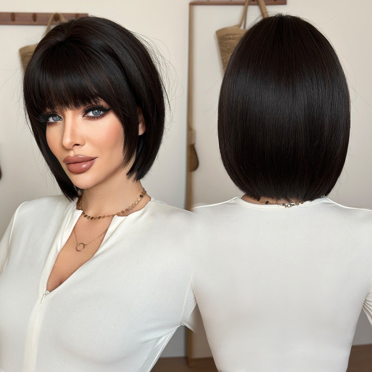 Black short hair wig with full head cover and pompadour hairstyle
