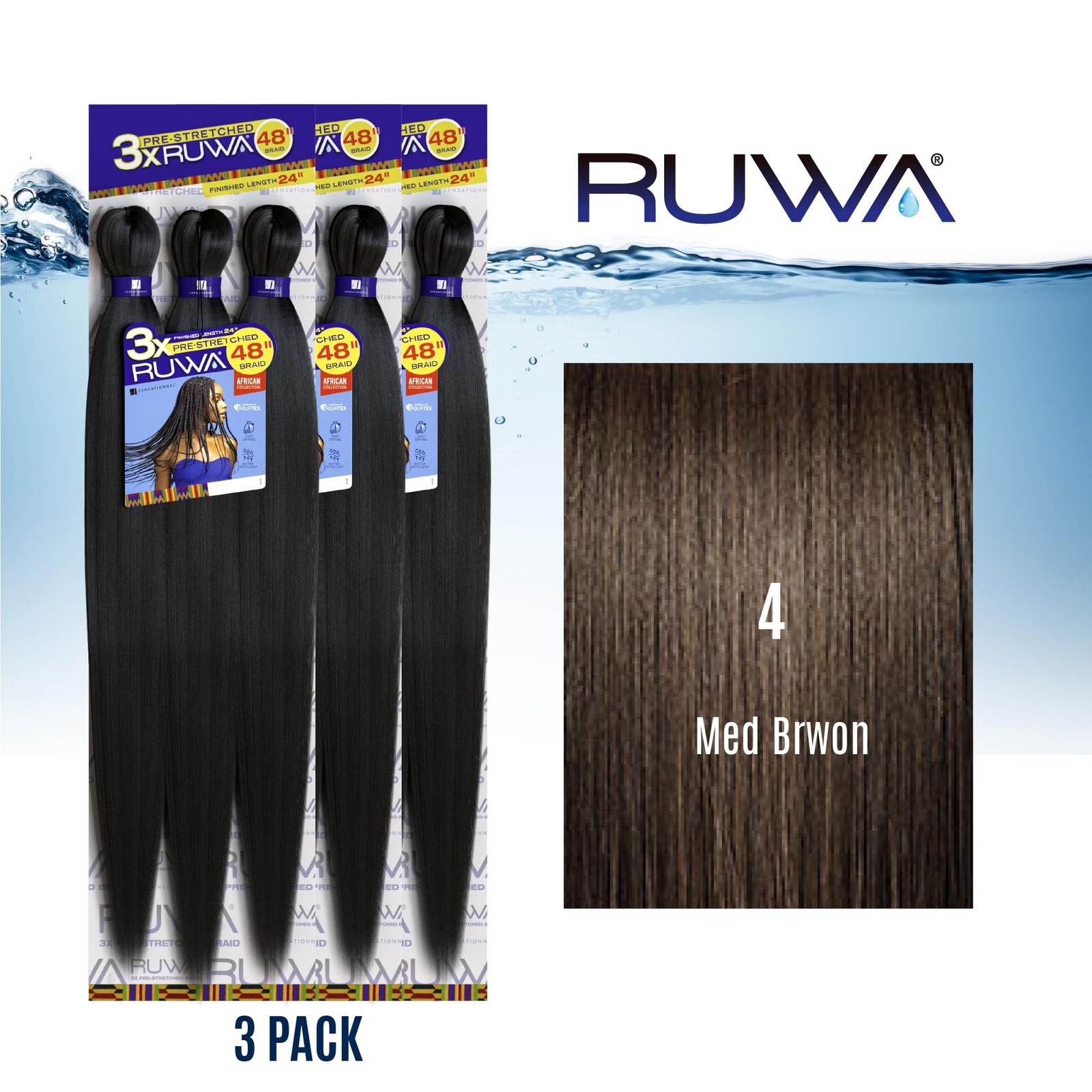 Sensationnel Ruwa Braiding Hair 3X 48 Inch 4 MEDBROWN Kanekalon 3 Pack