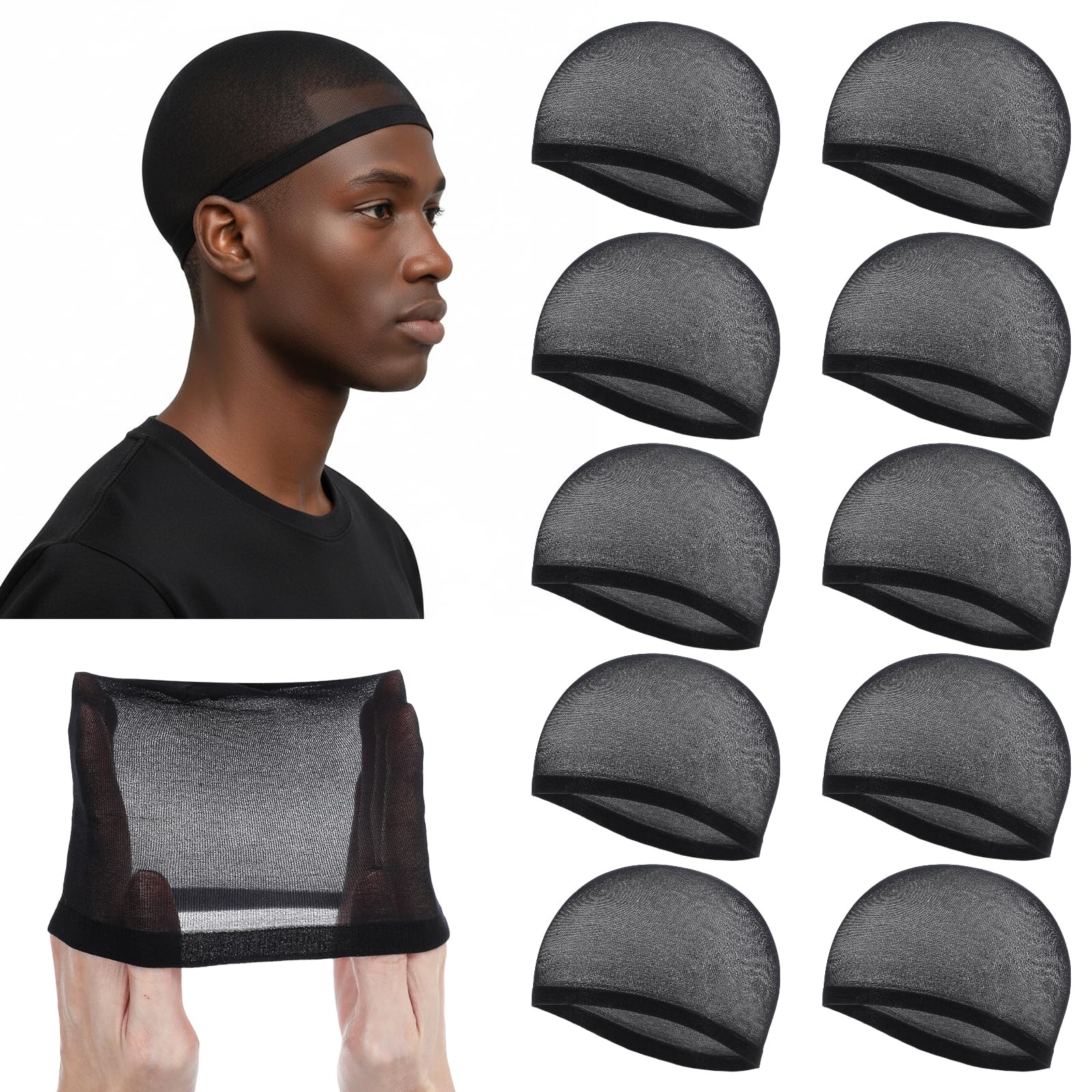 10PCS Wave Cap Stretchy Stocking Wig Cap Hair Net For Men Women Black