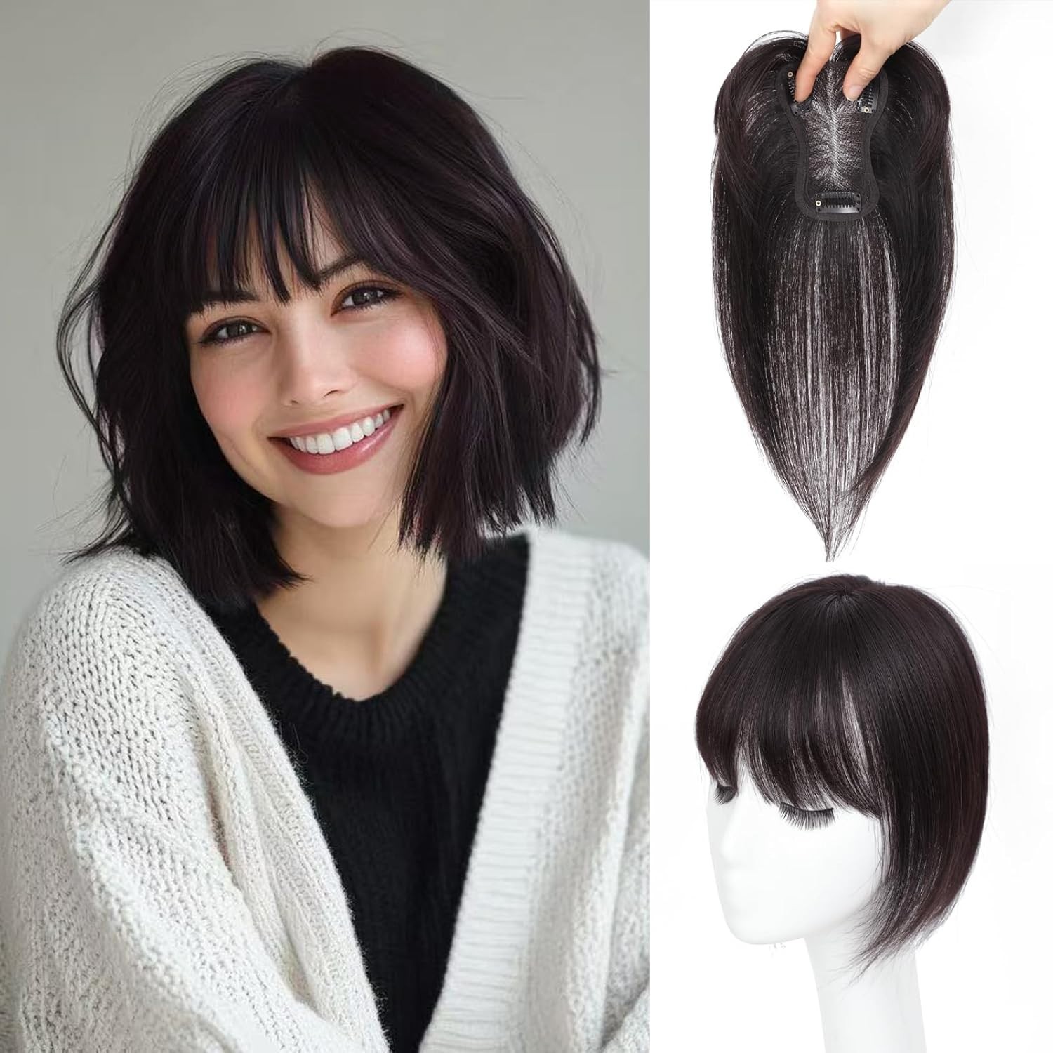 10″ Clip In Human Hair Topper Cover w/ Bangs Straight 4.5 x 3″ Natural Black 1#B