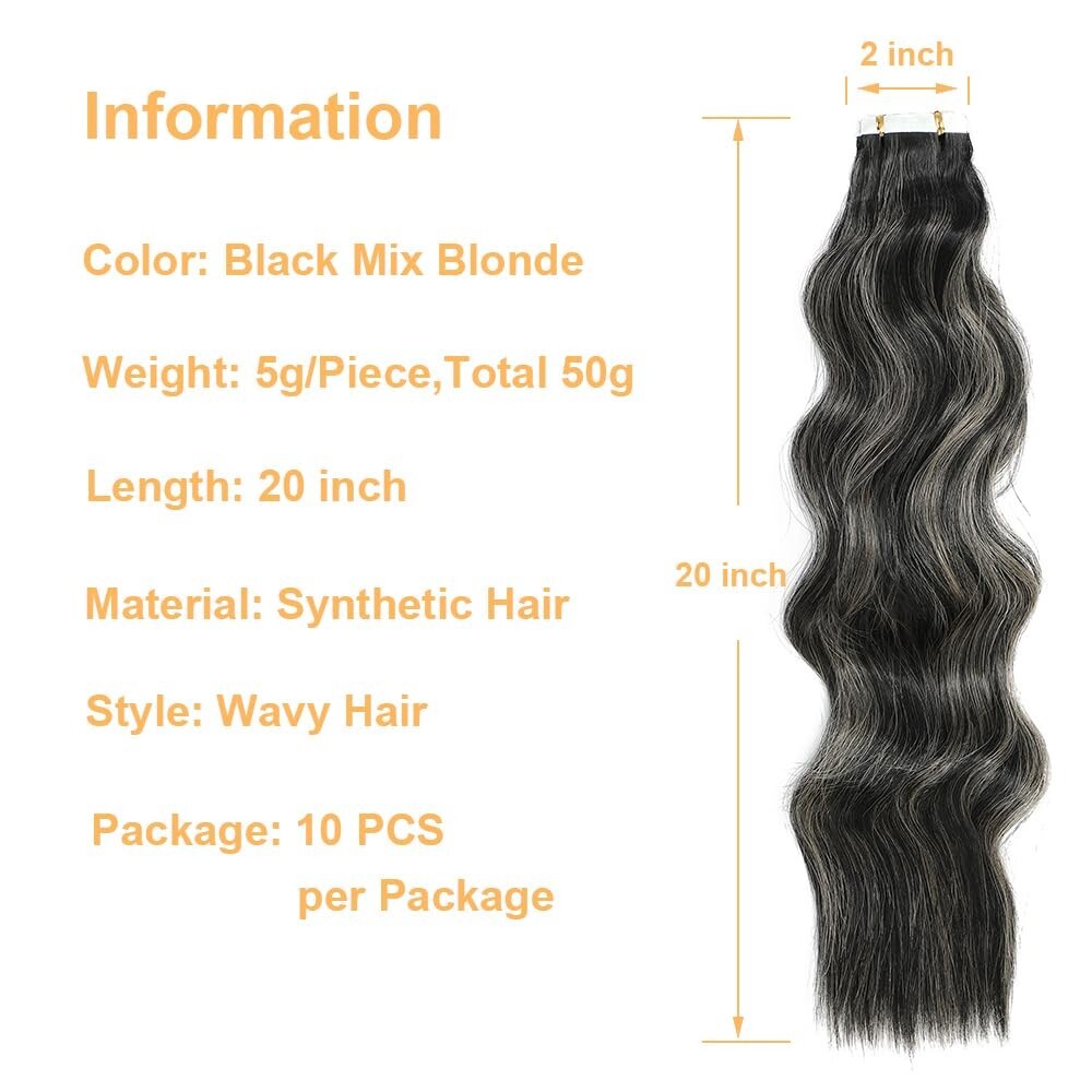 10 pcs 50g/pack wavy soft Synthetic Hair Tape in Extensions P1B/16, 20 inch