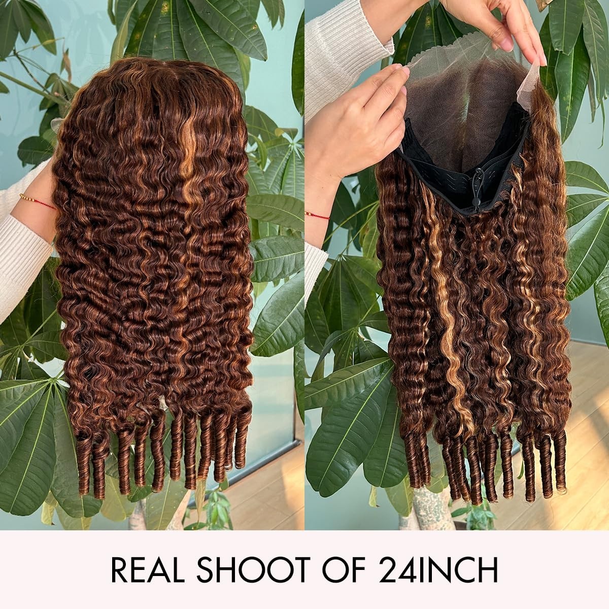 24″ Honey Blonde Curly Drawstring Wig – 250 Density, HD Lace Front, Ombre, Pre-P