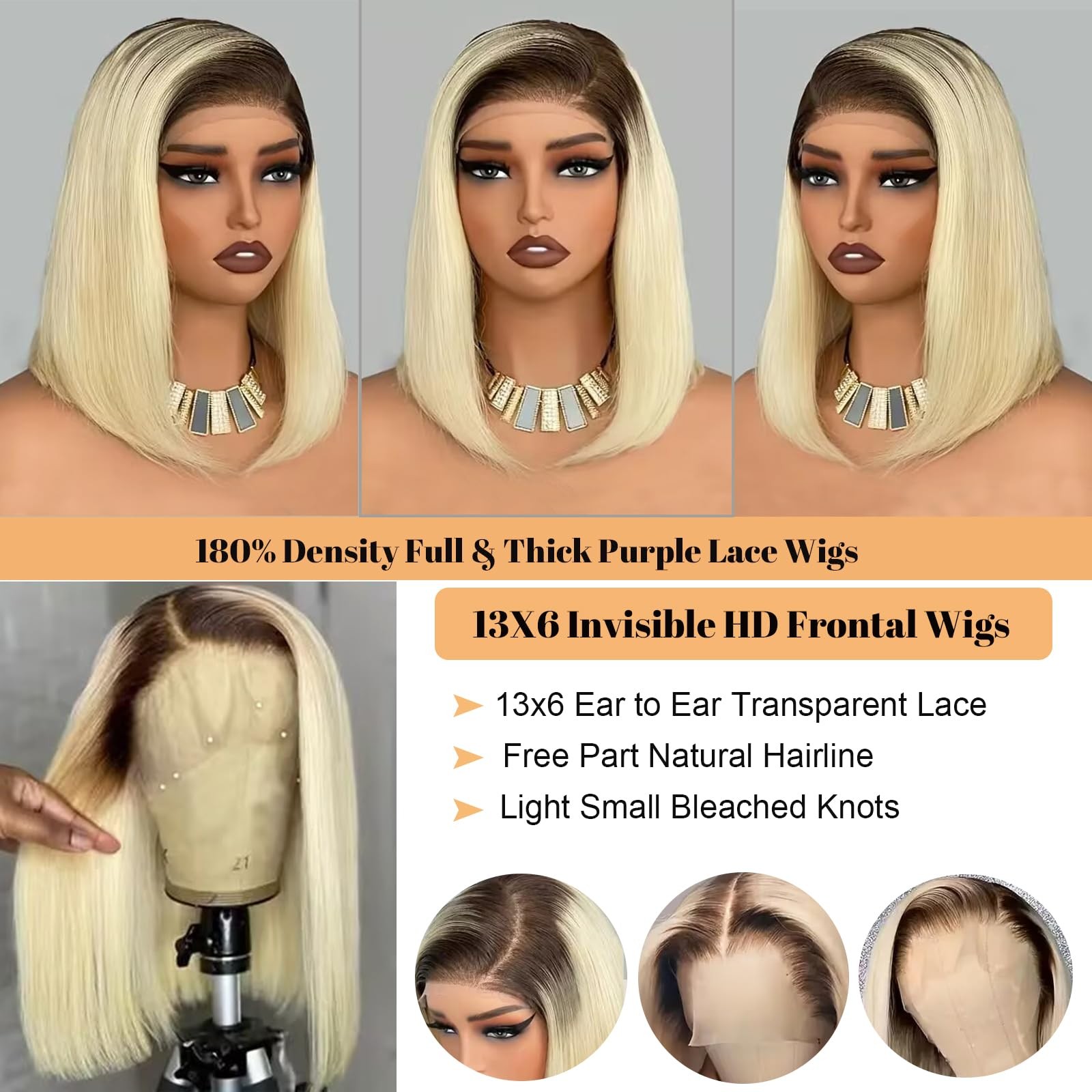 Munx Upgrade-1B613 Blonde Bob Wig Human Hair 8 13X6 Ombre Blonde Bob Lace Front