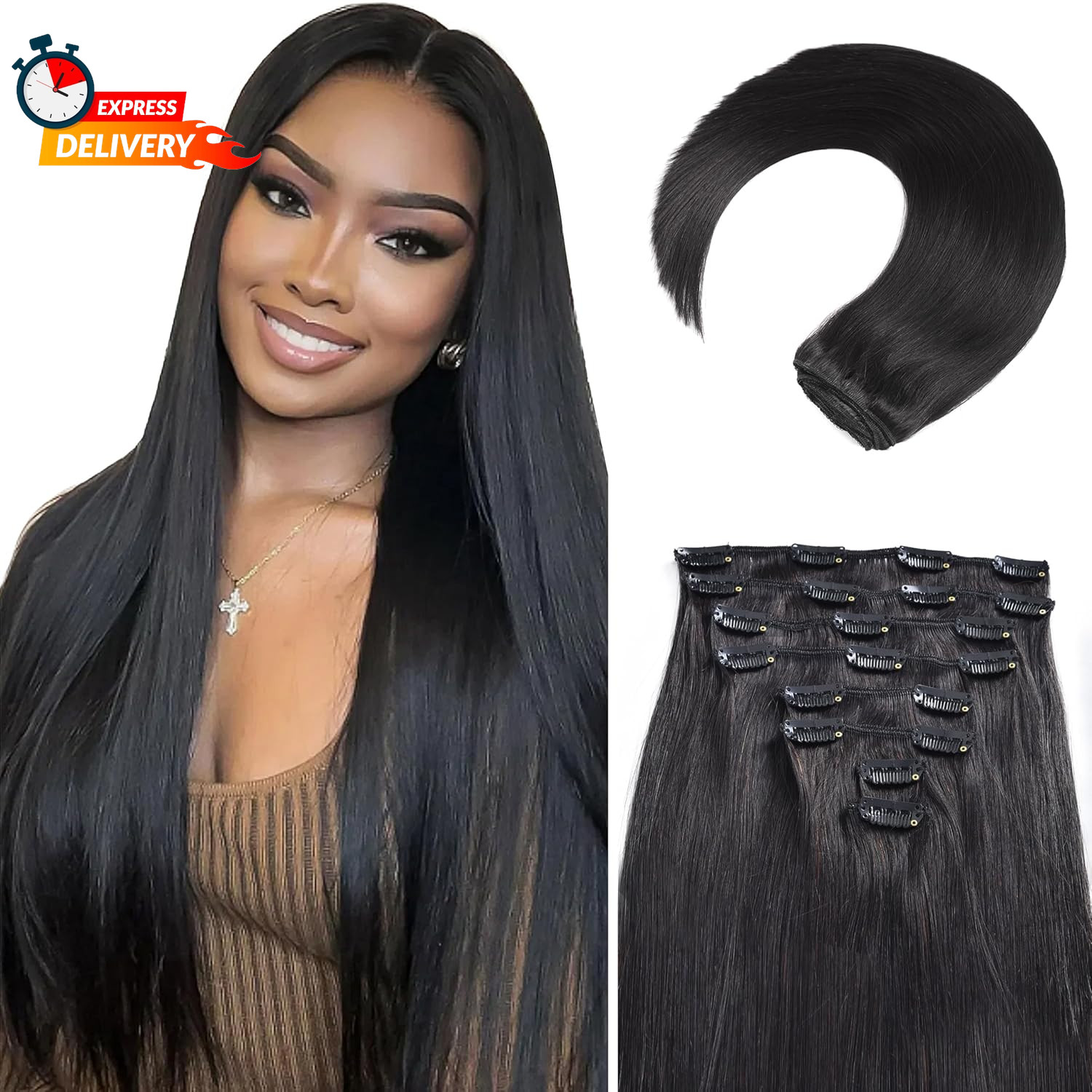 Clip in Hair Extensions Real Human Hair, 20 Inch 105G/3.7Oz, 1B Natural Black, I