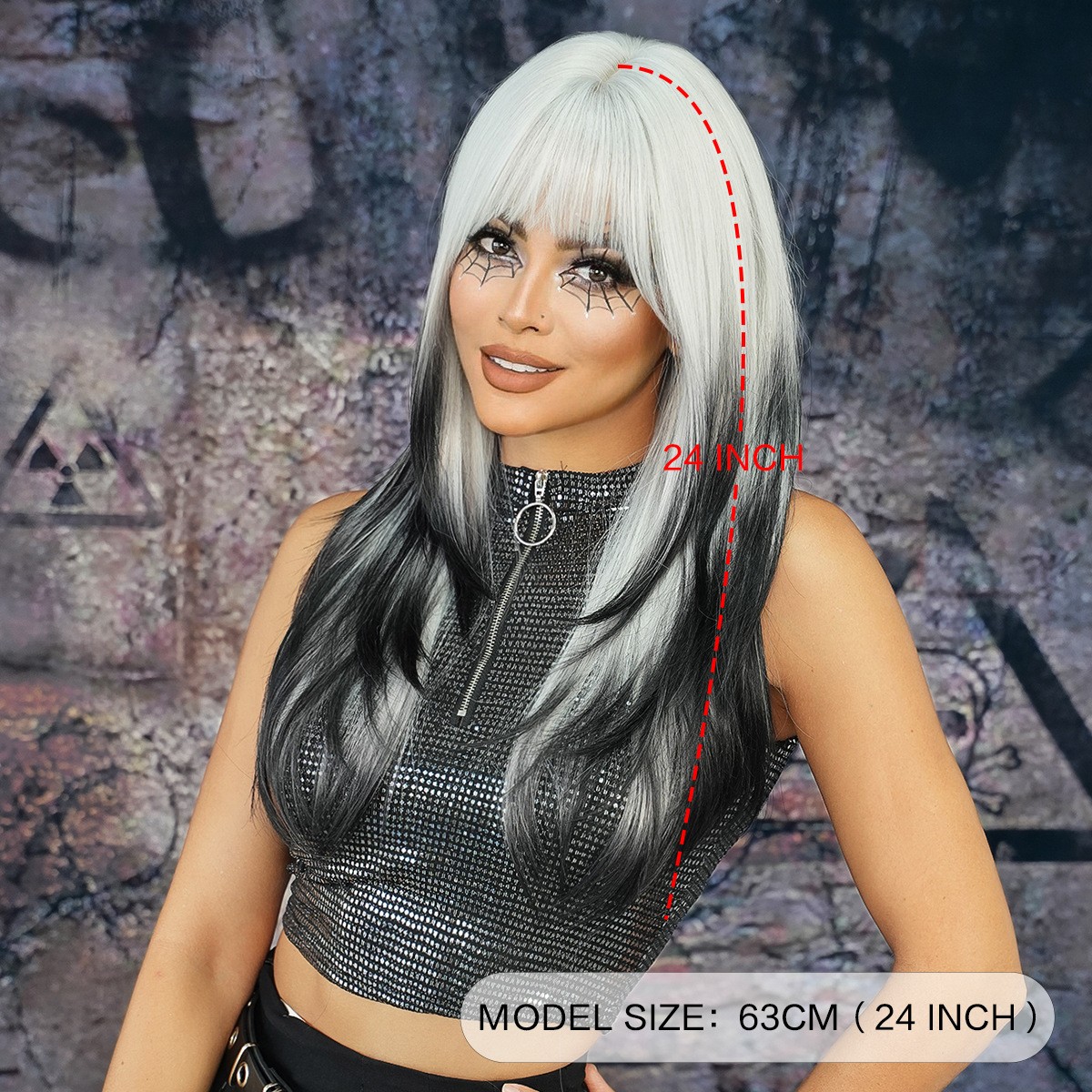 Silver Gray to Black Ombre Long Straight Layered Wig Heat Resistant Halloween