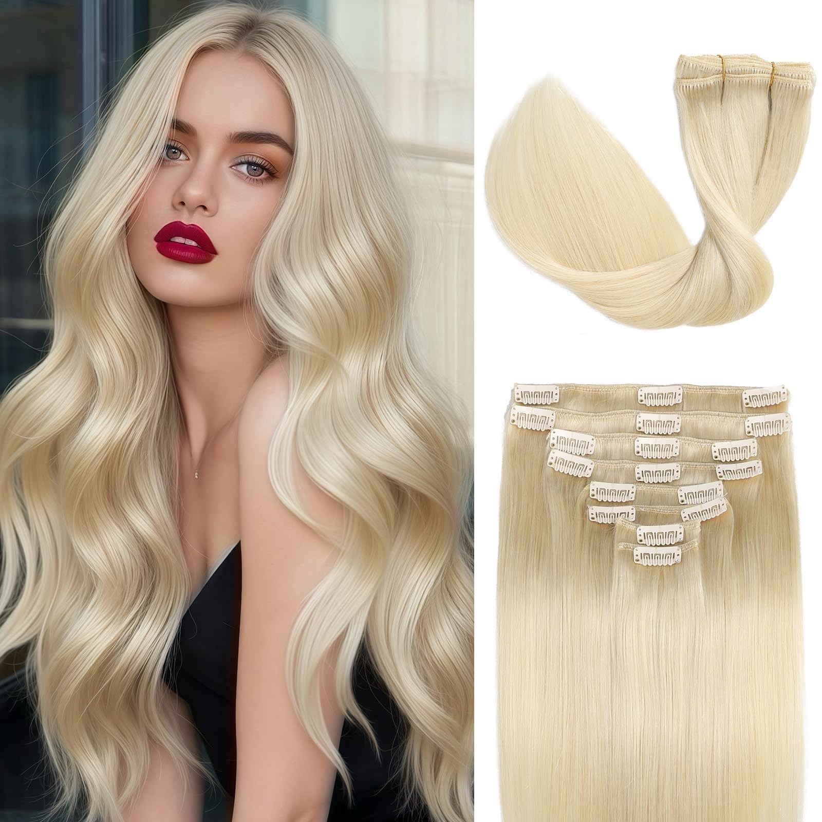 24″ 120g Clip-In Real Human Hair Extensions, Balayage Seamless Straight, 8Pcs