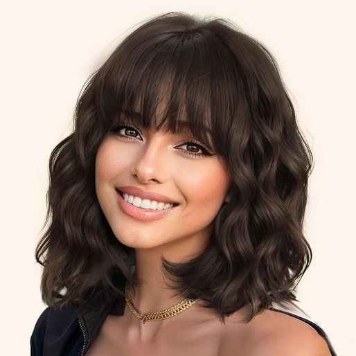Wig Human Hair with Bangs Short Wavy Bob Black/Brown Highlights Lightweight