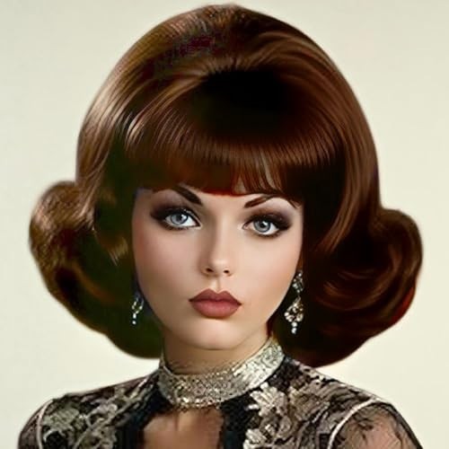 Vintage Brown Curly Bouffant Wig for Women – 50s 60s Retro Costume Hair with Ban