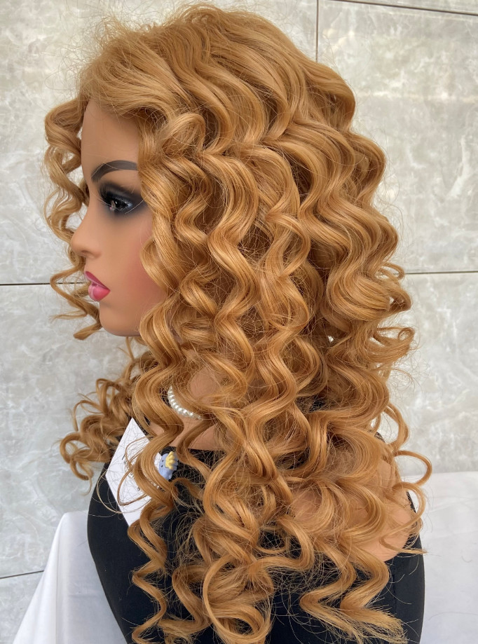 Long Wavy Curly Light Auburn Mix Human Hair Blend Heat Ok Wig Women Soft Natural