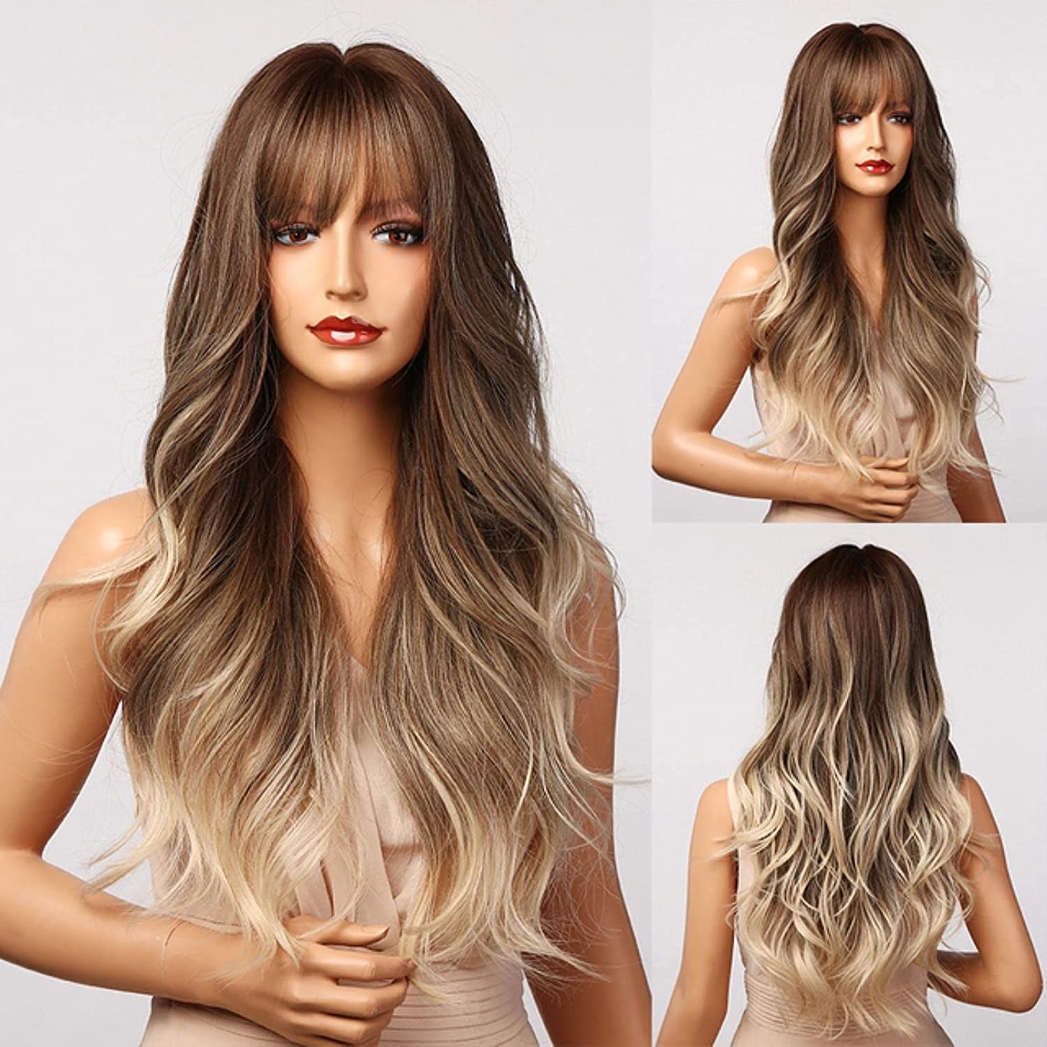 Long Ombré Brown Blonde Pink Curly Wavy Hair Wigs Women Daily Party Cosplay US