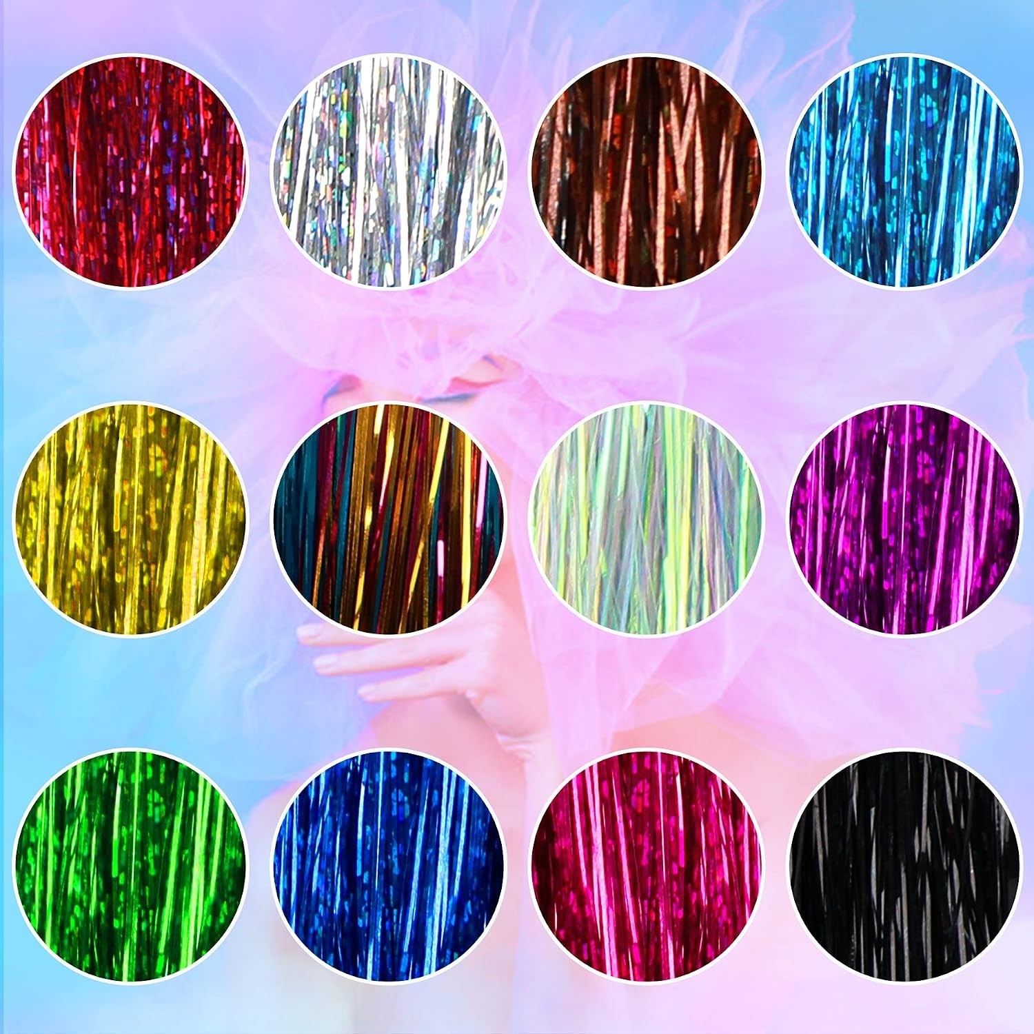 Customizable 47 Inch Tinsel Hair Extension Kit – 2400 Sparkling Strands Included