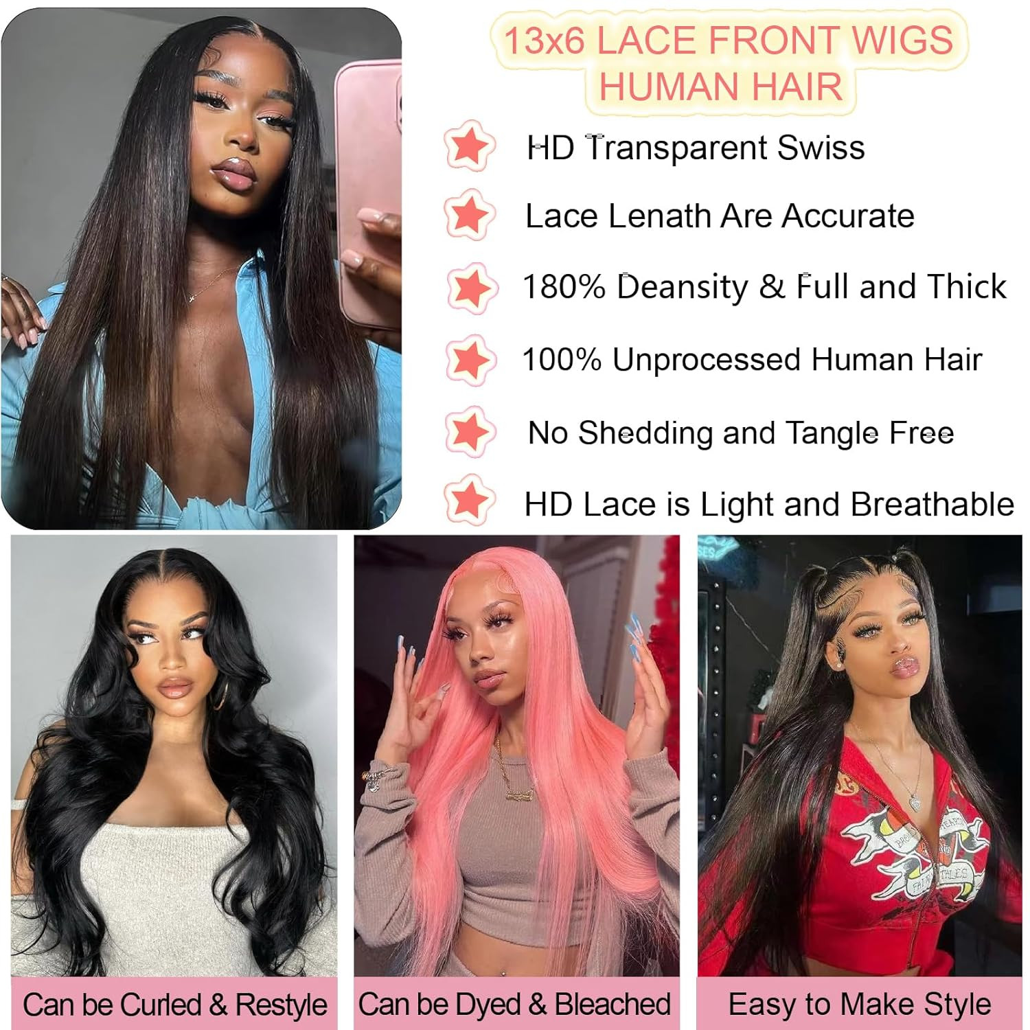 28″ HD Transparent Lace Front Wig, 200 Density, Pre-Plucked Human Hair