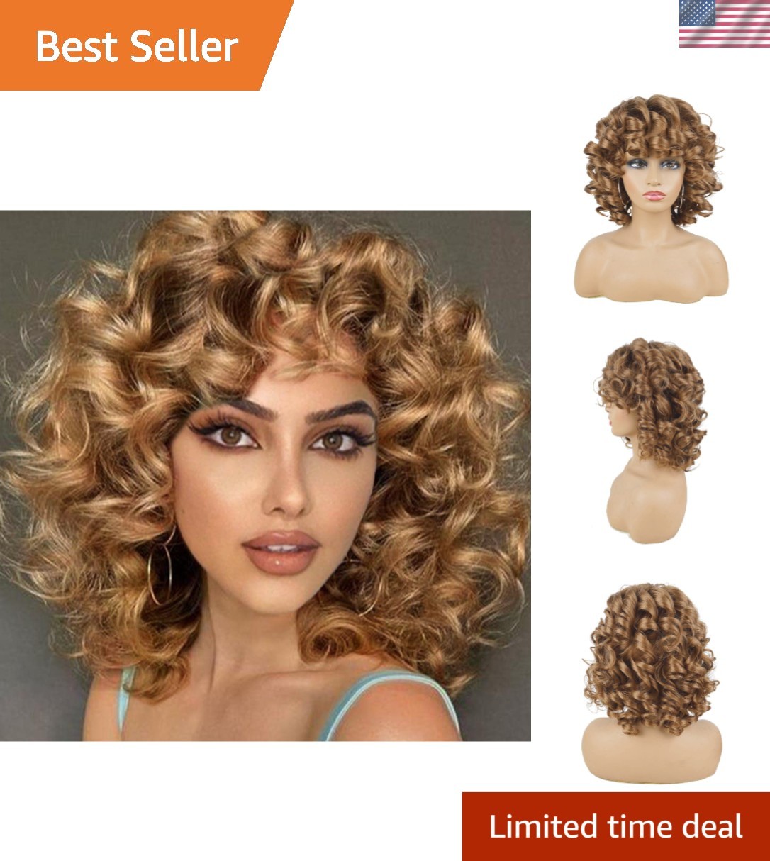 Short Curly Wig with Bangs – 14″ Honey Blonde Afro Style for Fashionable Women