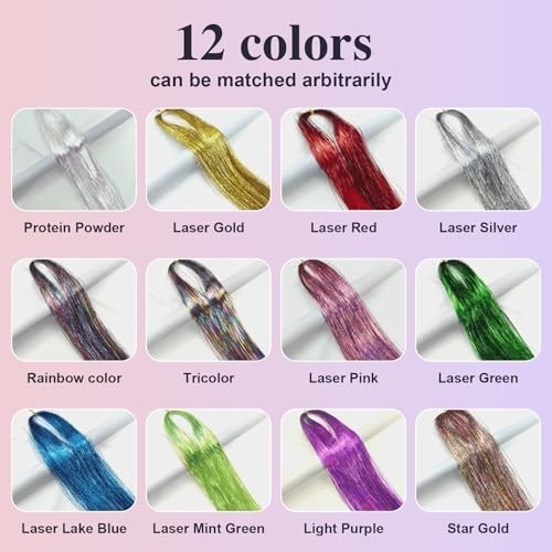 Hair Tinsel 48 Inch 12 Colors 3600 Strands Glitter Shiny Sparkle Extensions
