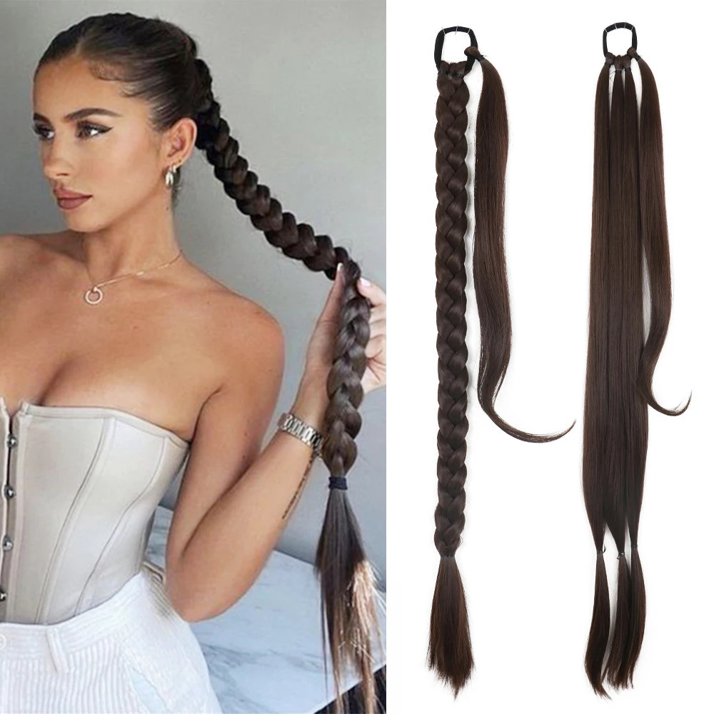 Synthetic Braided Ponytail Hair Extensions Natural Long Black Blonde Hairpiece